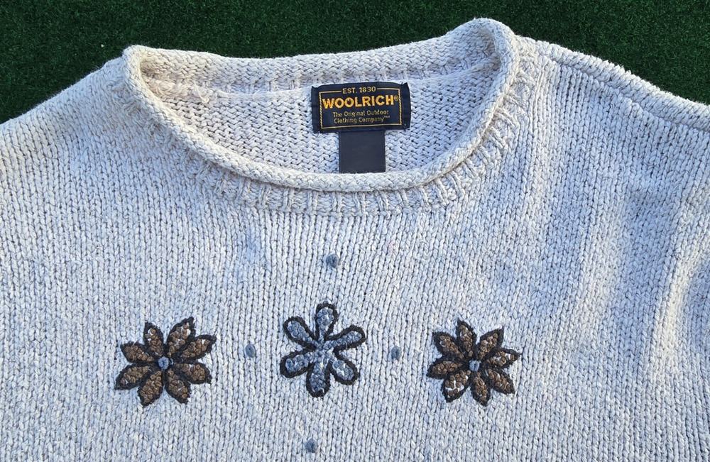 Vintage Woolrich Womens Natural Knit Sweater Cotton Blend Size XL Flower Accents